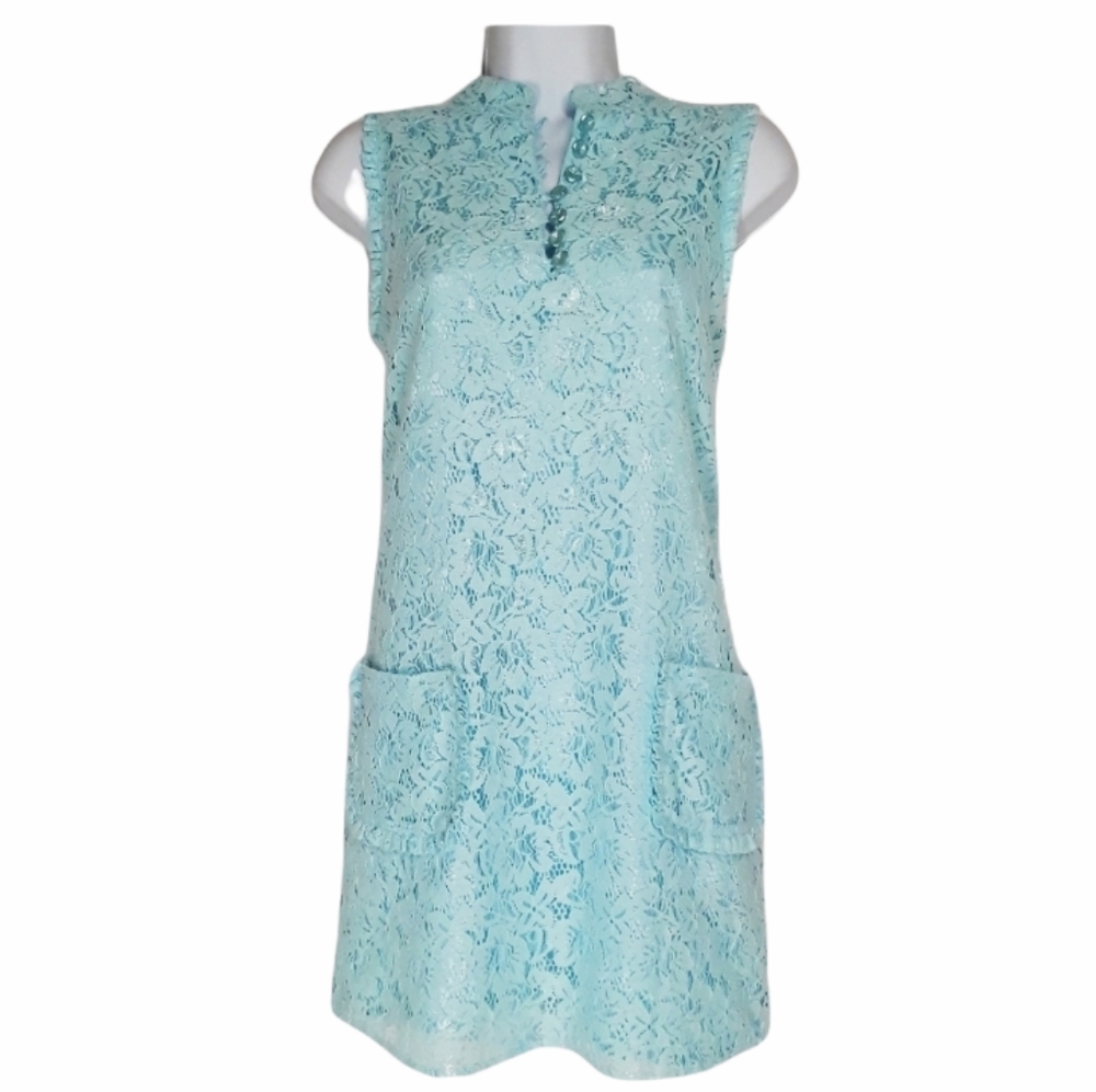 VERTIGO Lace Light Blue Button Ruffle Sleeveless Dress XSmall